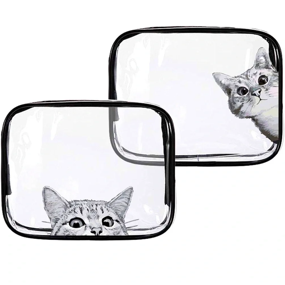 2 Tabby Cat Clear Plastic PVC Travel Toiletry Bags